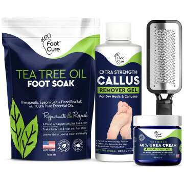 Foot Cure Foot Care/ Exfoliator & Callus Remover Pedicure Set – Includes Foot File for Dead Skin, Tea Tree Oil Foot Soak Salts, Urea Cream 40 Percent & Foot Callus Removal Gel – Made in USA