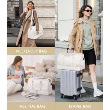 ETRONIK Weekender Overnight Bags for Women, Large Travel Duffle Bags with Shoe Compartment & Wet Pocket, Carry On Tote Bag Gym Duffel Bag with Toiletry Bags for Hospital 3 Pcs Set, Large Size, Beige