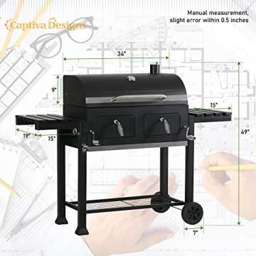 Captiva Designs Extra Large Charcoal BBQ Grill with Oversize Cooking Area(794 SQIN), Outdoor Cooking Grill with 2 Individual Lifting Charcoal Trays and 2 Foldable Side Tables