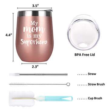 Gifts for Mom-My Mom is My Superhero Wine Tumbler, Funny Birthday Gifts for Mom Mother New Mom, Unique for Mom from Daughter Son Kid, Insulated Stainless Steel Tumbler(12oz, Rose Gold)