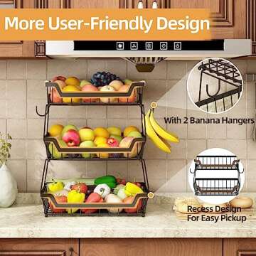 GILLAS 3 Tier Fruit Basket with Banana Hangers