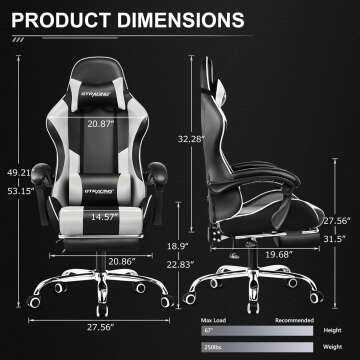 GTRACING Gaming Chair, Computer Chair with Footrest and Lumbar Support, Height Adjustable Gaming Chair with 360°-Swivel Seat and Headrest (White)