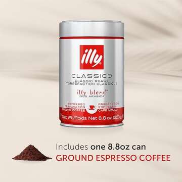 illy Classico Espresso Ground Coffee, Medium Roast, Classic Roast with Notes of Chocolate & Caramel, 100% Arabica Coffee, All-Natural, No Preservatives, 8.8 oz, Ground for Espresso Machines