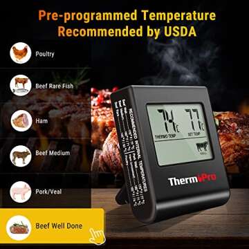 ThermoPro TP16 Large LCD Digital Meat Thermometer for Cooking, Smoking, Grilling, BBQ Food Thermometer with Clock Timer and Stainless Steel Probe, Black