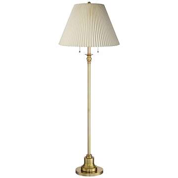 360 Lighting Spenser Retro Art Deco 58" Tall Floor Lamp Standing Brushed Antique Brass Gold Metal Beige Fabric Pleated Empire Shade for Living Room Family Bedroom Office House Home Decor