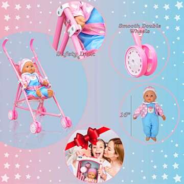 Dolls To Play My First Baby Doll Stroller, Soft Body 16 Inch Baby Doll Included Fun Play Combo Set for Babies, Infants, Toddlers, Girls, Kids