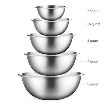 FineDine Stainless Steel Mixing Bowls (Set of 5) Stainless Steel Mixing Bowl Set - Easy To Clean, Nesting Bowls for Space Saving Storage, Great for Cooking, Baking, Prepping