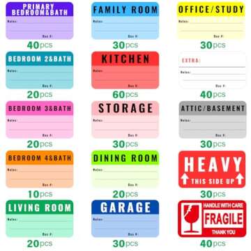 Large Color-Coded Moving Labels for Boxes, 450 Stickers for Home Moving Supplies with Removable Tape, Fragile Stickers Packing Labels for Moving Boxes, Moving for Organizing and Packing