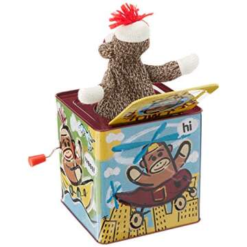 Sock Money Jack in the Box - Timeless Children's Musical Toy - Colorful Embossed Tin Box and Classic Sock Monkey Design - Age 18 months and Up