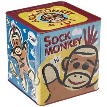 Sock Money Jack in the Box - Timeless Children's Musical Toy - Colorful Embossed Tin Box and Classic Sock Monkey Design - Age 18 months and Up