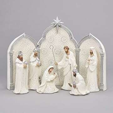 Roman 133013 Nativity Silver Dot White with Triptych Backdrop,11.25 inch