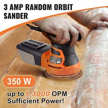 VEVOR Random Orbit Sander, 3A 350W Orbital Sander, 6 Speeds 13000 OPM 5" Palm Sander with 2pcs Hook-and-loop Sanding Discs & Vacuum Connector, for Woodworking, Detailing, Finishing