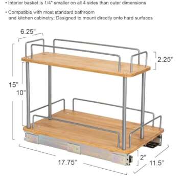 Household Essentials Glidez Steel and Bamboo Pull-Out/Slide-Out Storage Organizer for Under Sink or Cabinet Use - 2 -Tier Design - Fits Standard Size Cabinet or Shelf, Brushed Silver and Natural