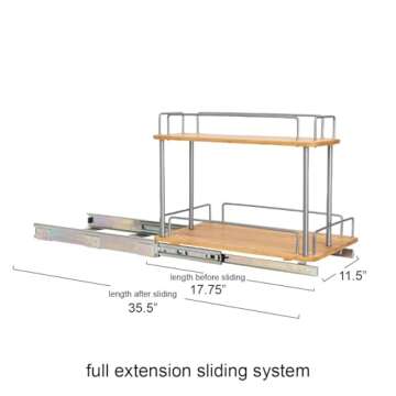 Household Essentials Glidez Steel and Bamboo Pull-Out/Slide-Out Storage Organizer for Under Sink or Cabinet Use - 2 -Tier Design - Fits Standard Size Cabinet or Shelf, Brushed Silver and Natural