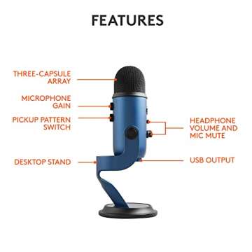 Logitech for Creators Blue Yeti USB Microphone for Gaming, Streaming, Podcasting, Twitch, YouTube, Discord, Recording for PC and Mac, 4 Polar Patterns, Studio Quality Sound, Plug & Play-Midnight Blue