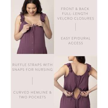 Kindred Bravely Ruffle Strap Labor and Delivery Gown | 3 In 1 Labor, Delivery, Nursing Gown for Hospital (Burgundy Plum, X-Large/XX-Large)