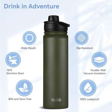 HASLE OUTFITTERS Insulated Water Bottle 22 oz Double Wall Stainless Steel Water Bottle Wide Mouth with Straw Lid & Spout Lid Keeps Cold or Hot(Army Green,1)