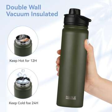 HASLE OUTFITTERS Insulated Water Bottle 22 oz Double Wall Stainless Steel Water Bottle Wide Mouth with Straw Lid & Spout Lid Keeps Cold or Hot(Army Green,1)