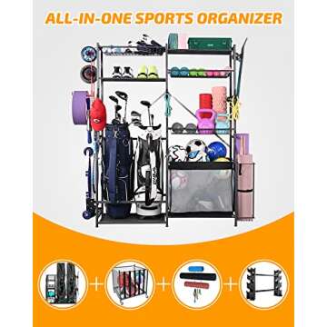 PLKOW Golf Storage Ball Rack Garage Organizer, 2 Golf Bag Organizer and Other Sports Equipment Organizer for Garage, Extra Large Size Sports Storage Rack for Garage