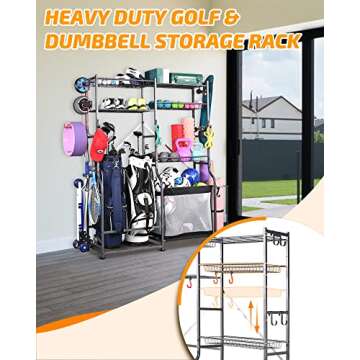 PLKOW Golf Storage Ball Rack Garage Organizer, 2 Golf Bag Organizer and Other Sports Equipment Organizer for Garage, Extra Large Size Sports Storage Rack for Garage