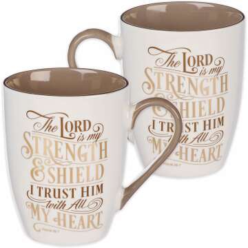 Christian Art Gifts Ceramic Coffee Mug for Women and Men 12 oz Caramel Brown Inspirational Coffee Cup - The Lord is My Strength Psalm 28:7 Non-toxic Lead and Cadmium-free Novelty Scripture Mug