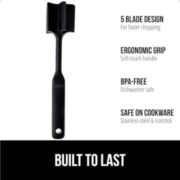 Gorilla Grip 5 Blade Heat and Slip Resistant Meat Chopper with Ergonomic Handle, Masher Tool Safe for All Cookware, Kitchen Utensils for Ground Beef, Hamburger, Potato, Smasher Cooking Tools, Black