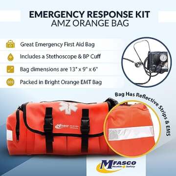 MFASCO First Aid Kit - Fully Stocked Portable Reflective Bag - First Responder Emergency Response Kit - for Natural Disaster Preparedness - Customizable Storage - Includes 415 Pcs First Aid Supplies