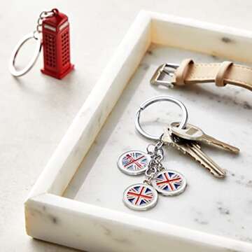 Juvale 6 Pack London Keychain Souvenir Gifts, Key Rings with British UK Flag, Phone Booth, Big Ben, Double-Decker Bus, England