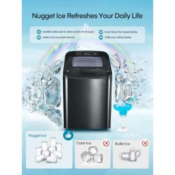 55lbs Countertop Nugget Ice Maker – Pebble Ice Machine, Soft Chewable Pellets in 5 Min, 55Lbs/24H, 3lb. Capacity, Waterline-Compatible, Self-Cleaning, Stainless-Steel + Scoop (Black)