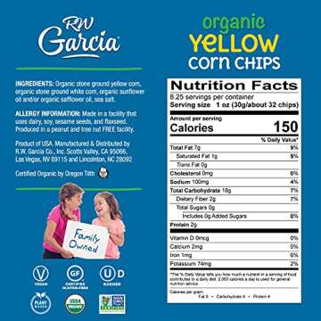 RW Garcia Organic Yellow Corn Chips, Gluten Free, 8.25oz bags, 4 pack