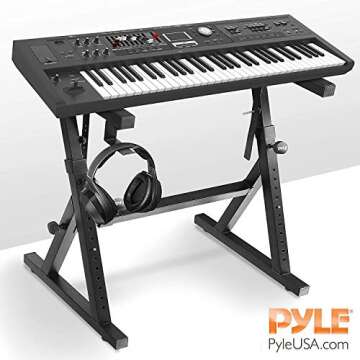 Pyle Heavy Duty Folding Keyboard Stand - Sturdy Reinforced Z Design w/ Adjustable Width & Height, Foam Padded Arms, Digital Piano Stand, Fits 54-88 Key Electric Pianos & Used for Travel & Storage