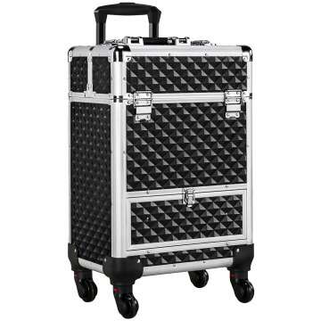 Yaheetech Rolling Makeup Train Case Aluminum Cosmetic Case with Wheels Barber Case Salon Lockable Travel Trolley with Sliding Drawers Removable Divider, Black