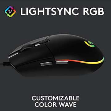 Logitech G203 Wired Gaming Mouse, 8,000 DPI, Rainbow Optical Effect LIGHTSYNC RGB, 6 Programmable Buttons, On-Board Memory, Screen Mapping, PC/Mac Computer and Laptop Compatible - Black