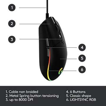 Logitech G203 Wired Gaming Mouse, 8,000 DPI, Rainbow Optical Effect LIGHTSYNC RGB, 6 Programmable Buttons, On-Board Memory, Screen Mapping, PC/Mac Computer and Laptop Compatible - Black