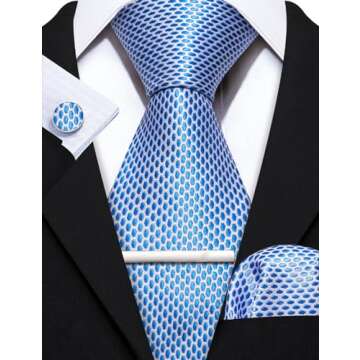 Barry.Wang Designer Blue Tie Set with Handkerchief Cufflinks & Clip