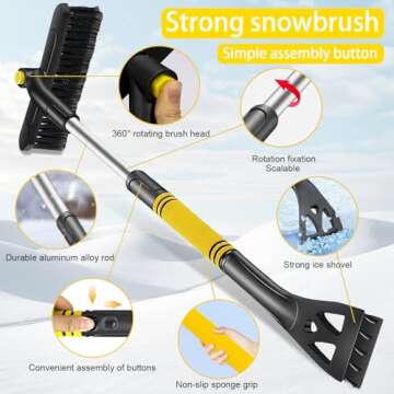 Pastaus Ice Scrapers for Car Windshield 32“ Snow Brush for Car with Ice Scraper Telescoping Handle and 360° Rotating Brush Head, Winter Car Accessories for Cars Trucks and SUVs - Yellow