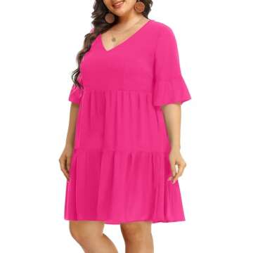 Pinup Fashion Women's Plus Size Summer Tunic Dress Babydoll V Neck Casual Ruffle Sleeve Loose Swing Shift Dresses