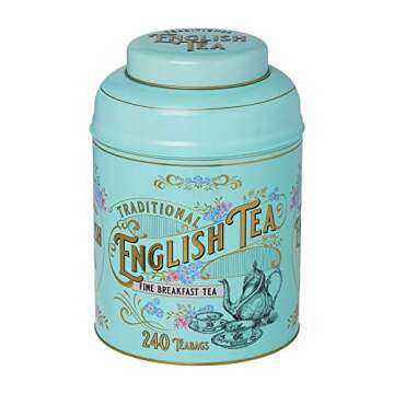 New English Teas Vintage Victorian Tea Tin with 240 English Breakfast Teabags for Tea Lovers, Forget Me Not Florals & Classic Tea Set Design