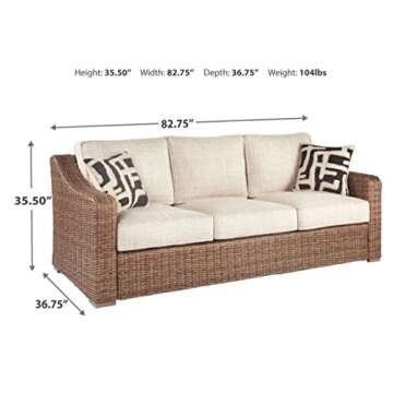 Signature Design by Ashley Beachcroft Outdoor Wicker Patio Sofa with Cushion and 2 Pillows, Beige