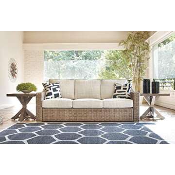 Signature Design by Ashley Beachcroft Outdoor Wicker Patio Sofa with Cushion and 2 Pillows, Beige