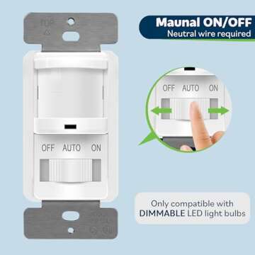 TOPGREENER in Wall PIR Motion Sensor Light Switch, Occupancy Sensor Switch, On/Off Override, Single-Pole, Fluorescent 500VA/Motor 1/8Hp/Incandescent 500W, Neutral Wire Required, TSOS5-White