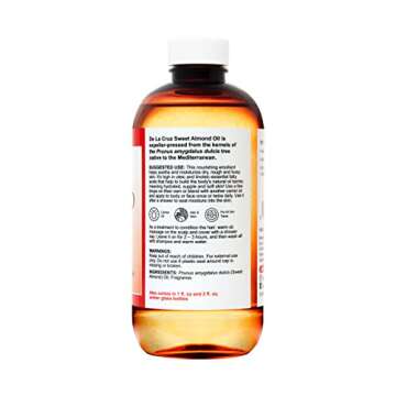 De La Cruz Sweet Almond Oil - Expeller Pressed Almond Oil for Skin and Hair 8 FL. OZ. (236 mL)