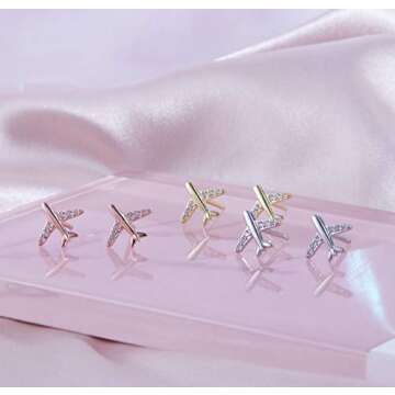 Helen de Lete Airplane Rhinestone Plane S925 Sterling Silver Stud Earrings (Silver) For Women