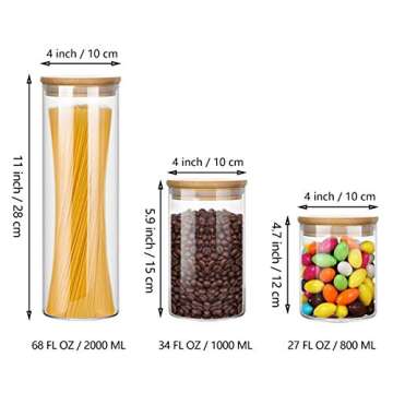 Wennyn Glass Jars for Food Storage, Airtight Glass Food Canisters for Home and Kitchen, BPA Free Containers with Bamboo Lids for Candy, Rice, Coffee, Tea, Cookie, Sugar, Flour, Pasta, Nuts, 6 pack