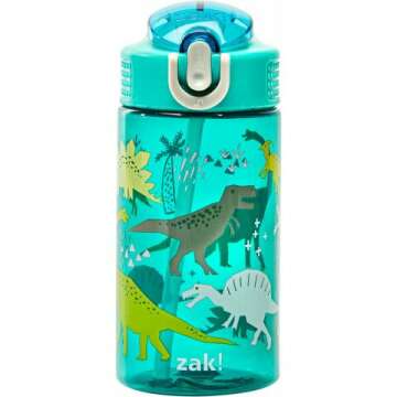 Zak Designs Kids Dinosaur Water Bottle - 16oz Durable Plastic with Straw