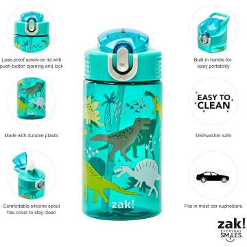 Zak Designs Kids Water Bottle For School or Travel, 16oz Durable Plastic Water Bottle With Straw, Handle, and Leak-Proof, Pop-Up Spout Cover (Dinosaur)