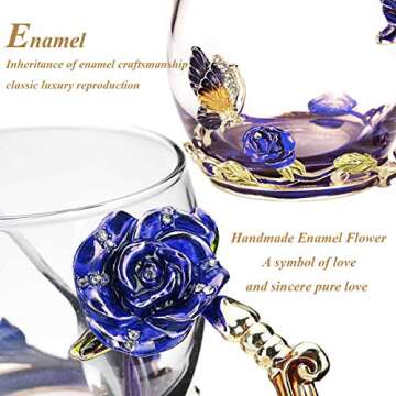 Kaiyuan Dynasty Tea Cup Glass Coffee Mugs Enamel Rose Flower Butterfly Drinking Cups with Spoon Set for Birthday Wedding Blue Rose Mug 12oz