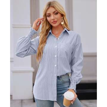 Blue Striped Button Down Shirt Women Smocked Oversized Y2k Button Up Shirts Boyfriends Casual Loose Long Sleeve Shirts Business Work Tunic Top for Leggings Wrinkle Free Interview Tops Office