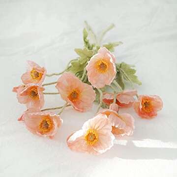 Kamang Artificial Poppy Coral Silk Flowers (3 Stems) for Home Decor and Wedding. Faux Poppy Flowers. Artificial Poppy Flower Arrangement and Centerpiece. Coral Silk Flower (Peach Coral)