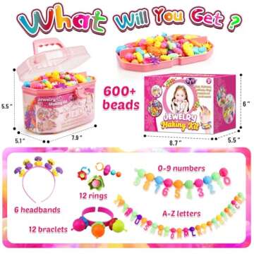 FUNZBO 650pcs Pop Beads - Jewelry Making Kit for 3 4 5 6 7 8 Year Old Little Girls, Arts and Crafts Toys for Kids, Necklace Bracelet Ring Creativity Snap Set Valentine Birthday Holiday Easter Gifts